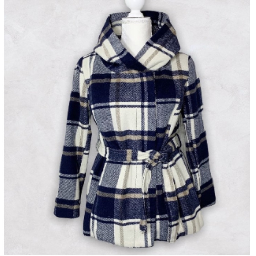 Like New! Navy Blue Plaid Hooded Coat